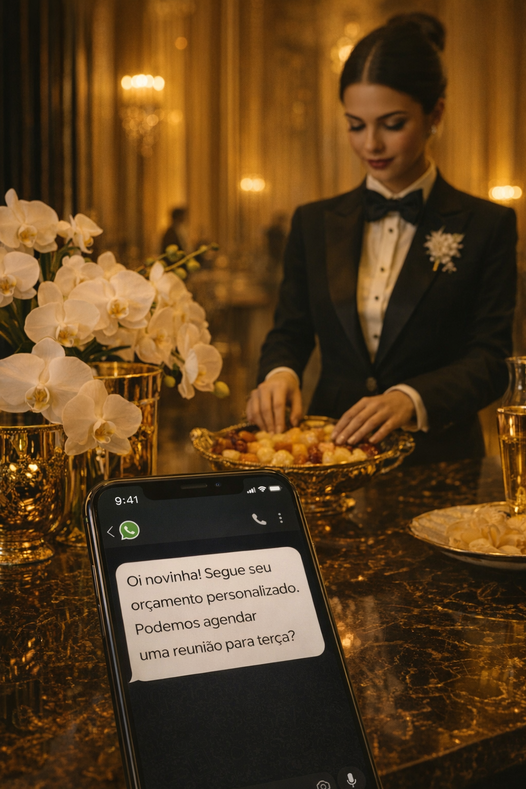 Maître organizando buffet elegante enquanto celular responde clientes automaticamente com IA